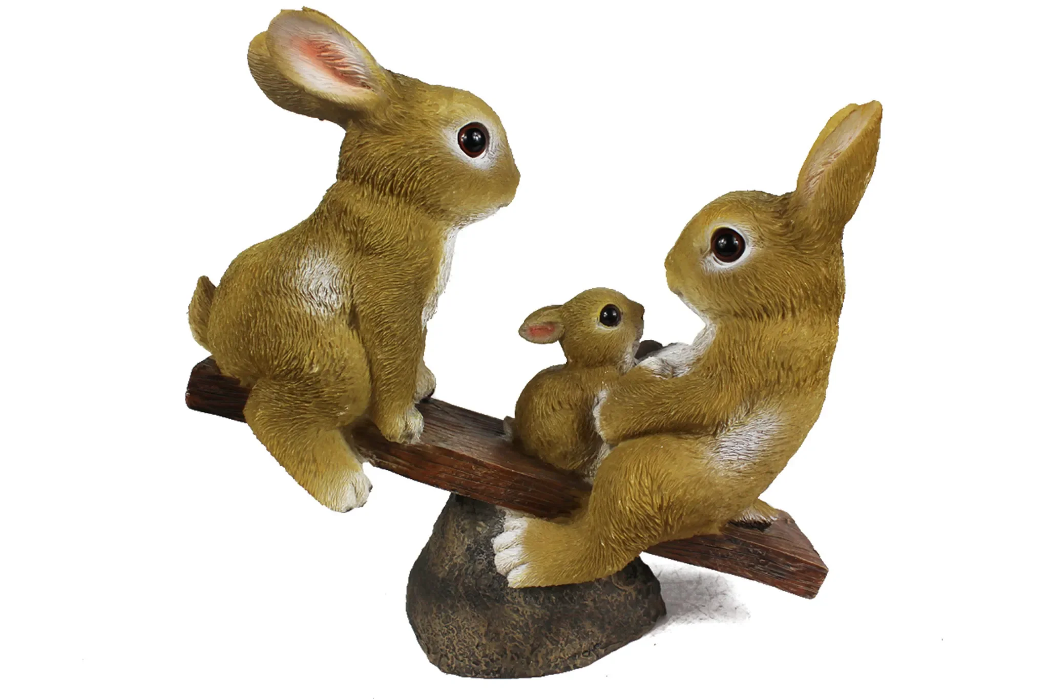 Dekofigur Hasenfamilie auf Wippe – Gartenfigur aus Polyresin